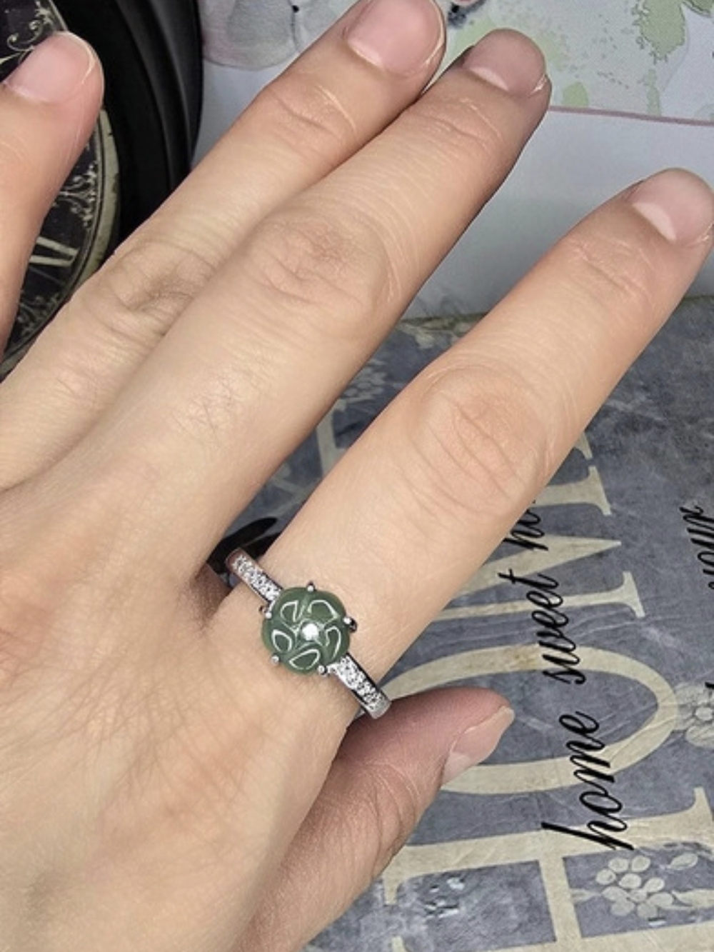 Cutesy Natural Jade Clover Stackable Adjustable Ring